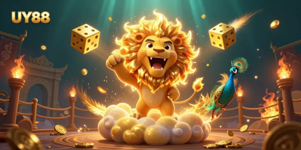 Engage with UY88 in a vibrant 3D casino scene featuring a sun lion, golden dice, and festive elements.