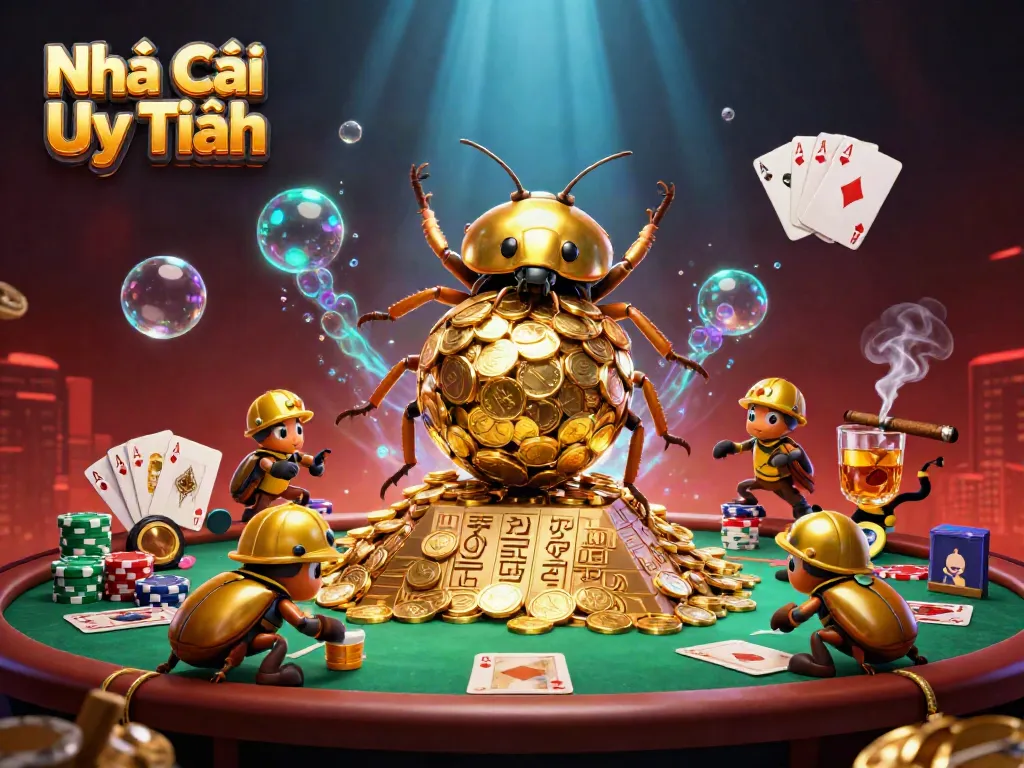 Experience Nhà Cái Uy Tín with golden coins, poker chips, and vibrant casino elements in this dynamic scene.