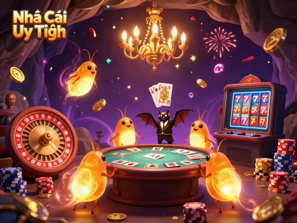 Experience the illuminated cave casino with glowworms, showcasing Nhà Cái Uy Tín amidst vibrant gambling elements.