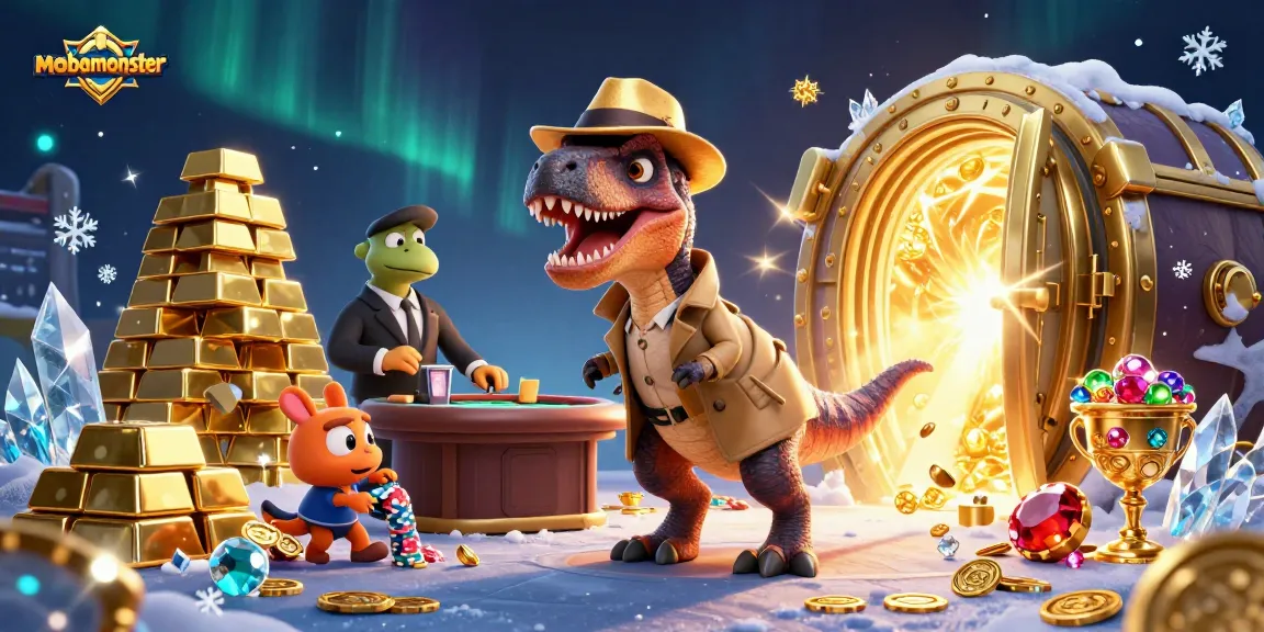 Experience thrilling casino action with mobamonster as a velociraptor card counter and companions in a vibrant scene.