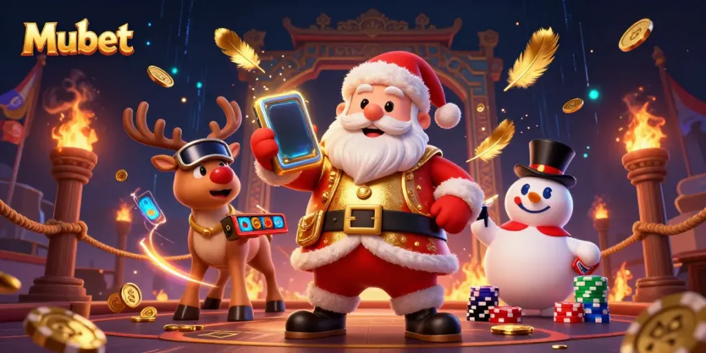 Experience excitement at Mubet with a lively casino scene featuring Santa, his reindeer, and a snowman.