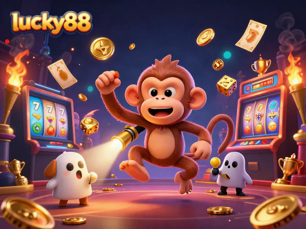 Experience thrilling gameplay at lucky88 with our vibrant casino illustration of a mischievous monkey and a curious puppy.