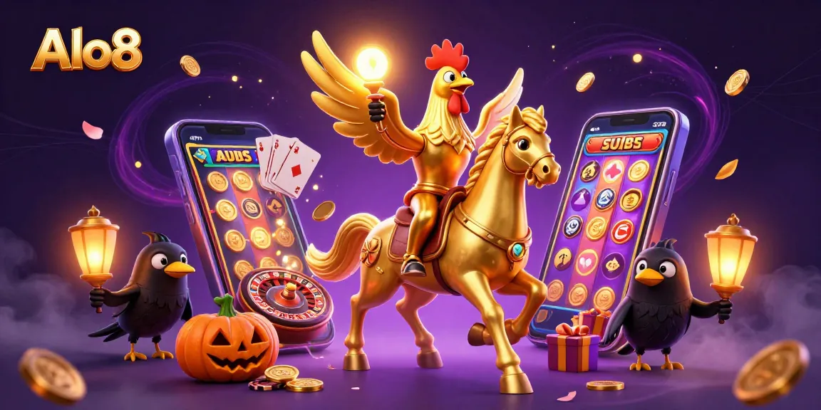 Alo8 gaming scene showcasing a golden rooster and spectral horse amid vibrant casino elements.