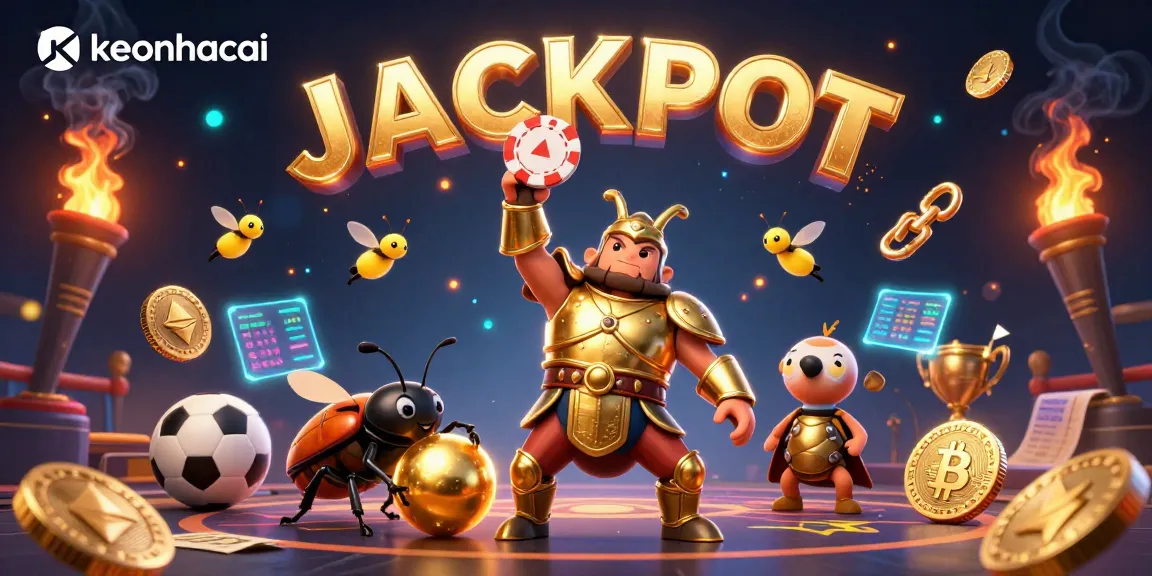 Engage with keonhacai as the hercules beetle celebrates a poker win, surrounded by vibrant sports betting elements.