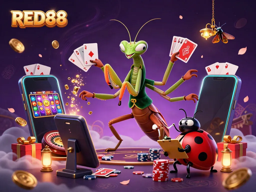 In a vibrant scene, RED88 features a giant praying mantis, ladybug pit boss, and a moth, immersed in a lively casino environment.