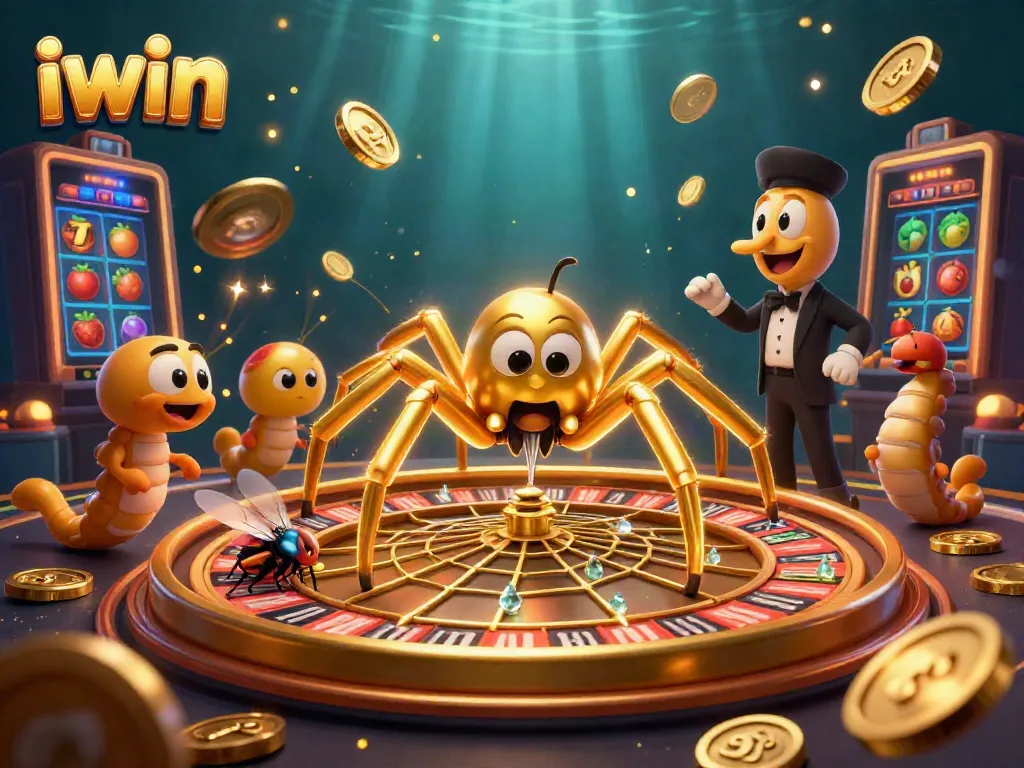 Spin to win at iwin with iconic golden spider and roulette elements, creating a captivating casino atmosphere.