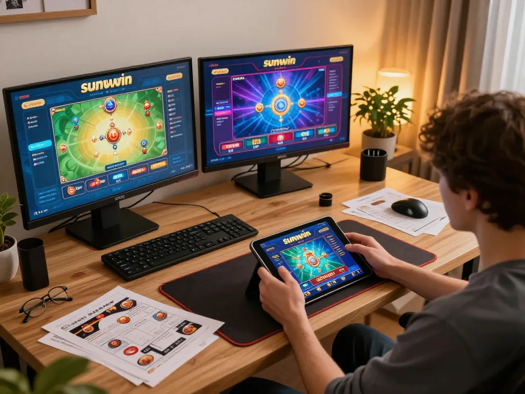 Engaging gameplay experience on Sunwin casino app displayed on a tablet, highlighting a player's enthusiasm