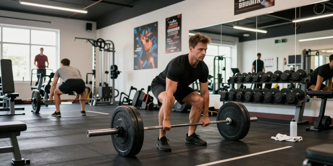 Global Pharma Steroids im Fitnessstudio, athletischer Mann beim Kreuzheben mit Gewichten in einer motivierenden Umgebung.
