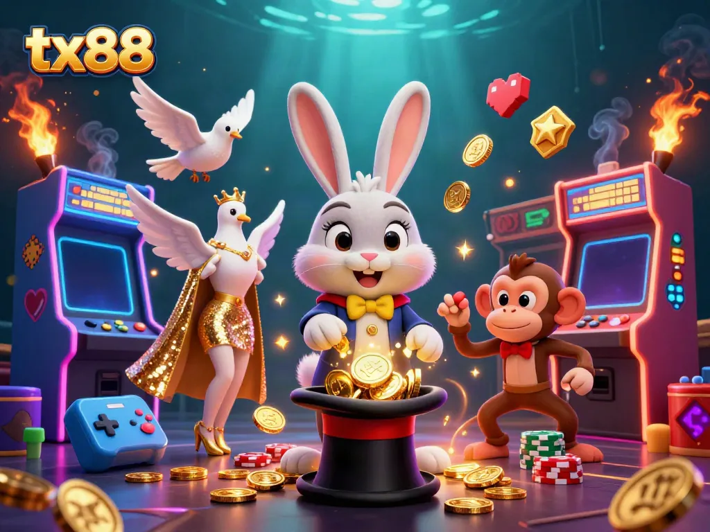 Engage with tx88's casino excitement, showcasing a magician rabbit, dove, and monkey among vibrant game elements.