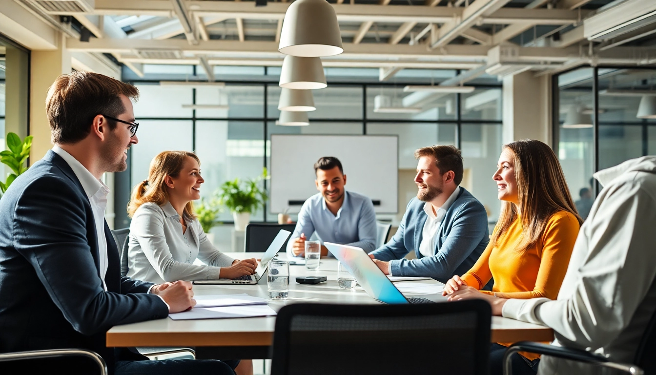 Unternehmensberatung: Berater im Gespräch über strategische Lösungen am modernen Arbeitsplatz.
