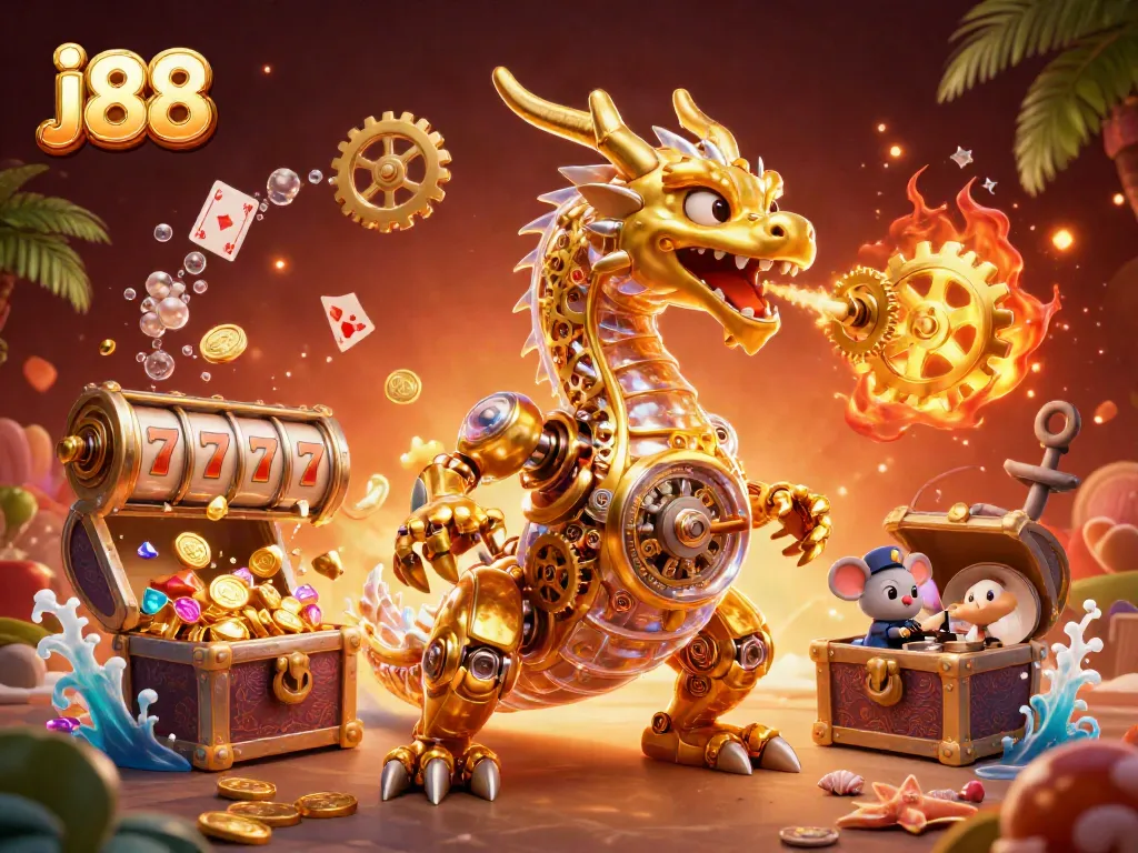 Bet big on j88 with a captivating 3D illustration of a golden dragon amidst casino elements.