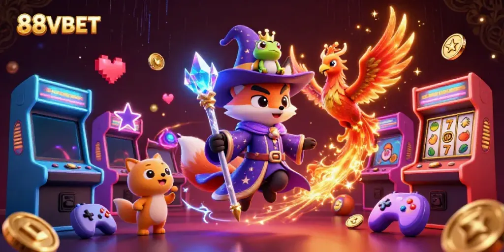 Experience the magic of 88VBET with a mystical casino scene featuring a wizard fox, phoenix, and vibrant gaming elements.