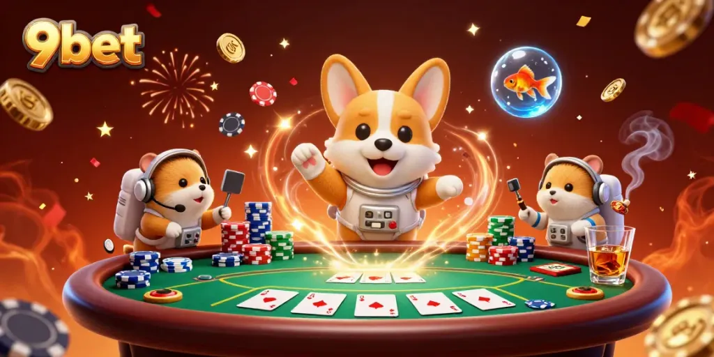 Engage with 9bet as an astronaut corgi plays in a space casino, surrounded by poker elements.