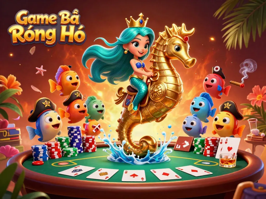 Experience the thrill of Game Bài Rồng Hổ with vibrant characters, poker elements, and dynamic casino atmosphere.