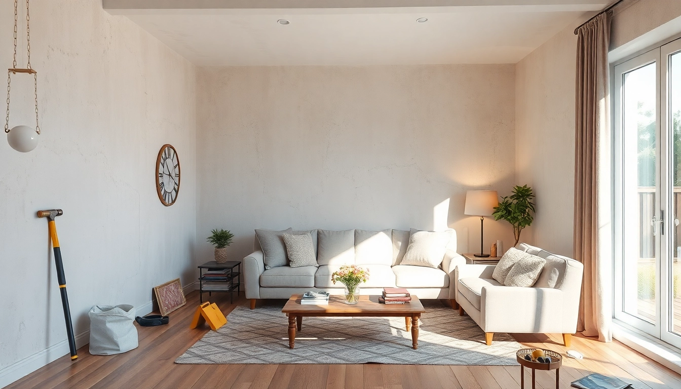 Visualisieren Sie eine großartige Hausrenovierung mit farbigen Wänden und Renovierungswerkzeugen zur Veranschaulichung von Kreativität und Professionalität.