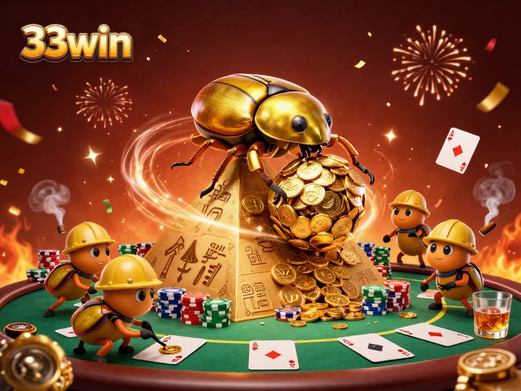 Join the excitement at 33win with a golden beetle rolling coins, capturing casino thrill.