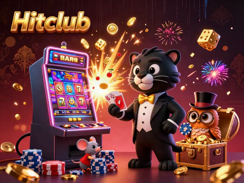 Experience thrilling fun with Hitclub as a stylish panther deals cards amid vibrant casino visuals.