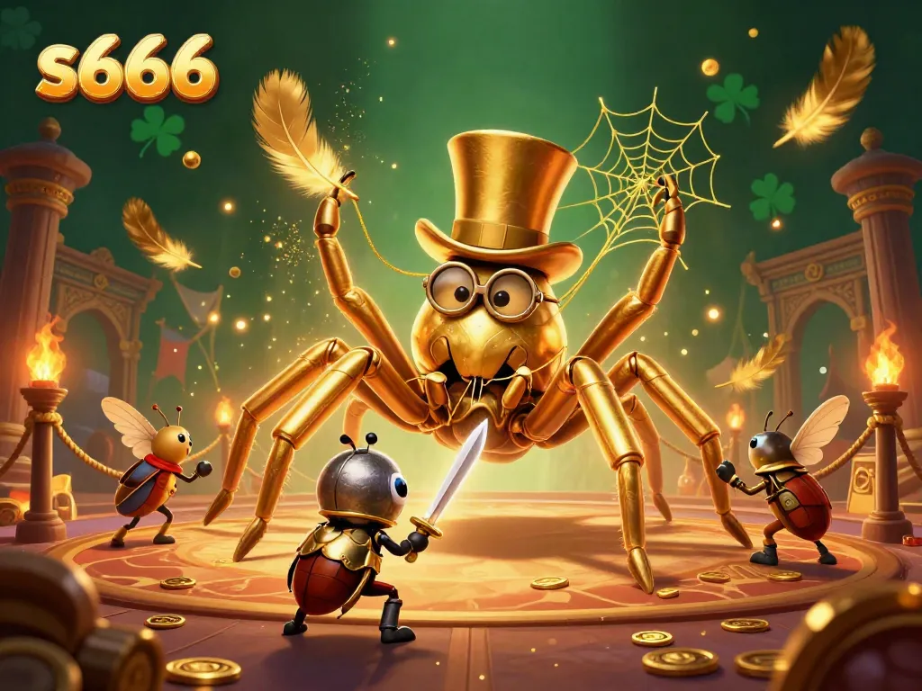 S666's exciting online gaming scene featuring a golden tarantula and beetle knight in a vibrant casino