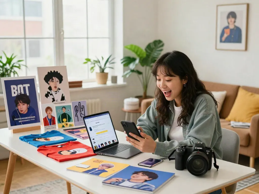 Excited shopper exploring the rokok88 BTS merchandise collection online.