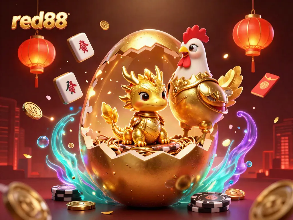 Experience the thrill of red88 casino with golden treasures and vibrant gaming elements in this dynamic illustration.