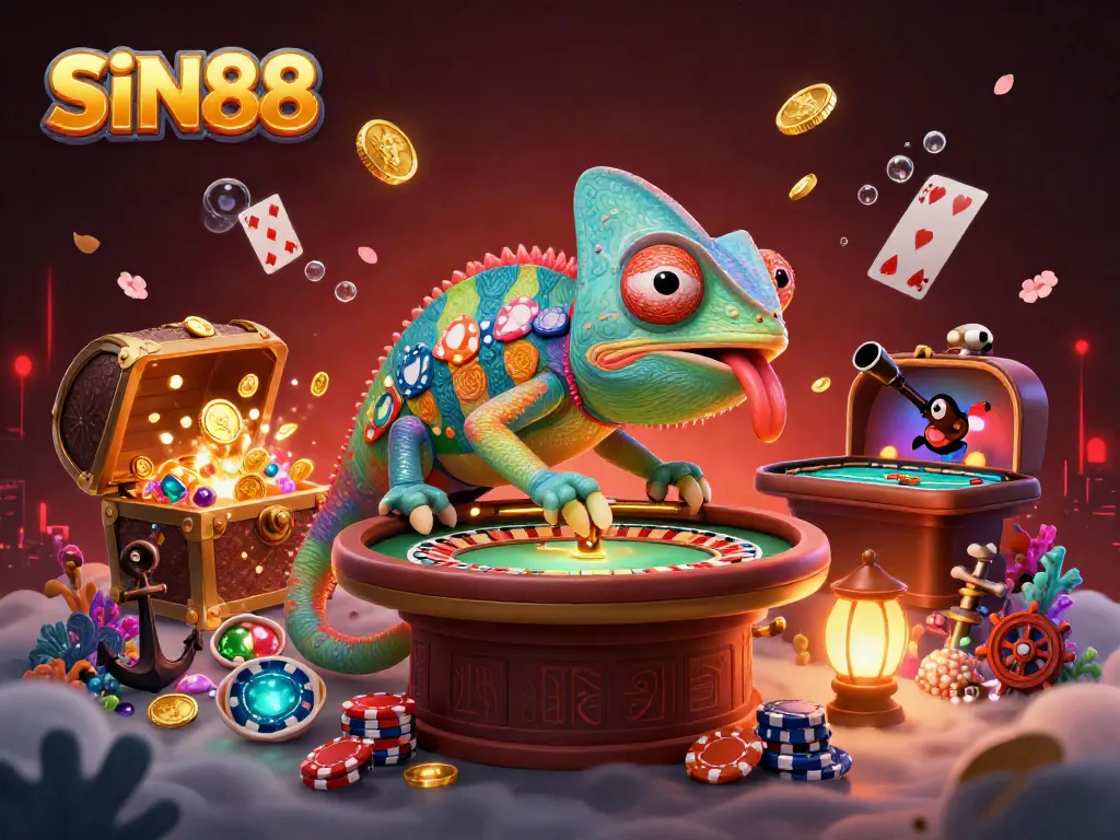 SIN88's vibrant chameleon casino owner snatches coins amidst a dynamic underwater casino scene.