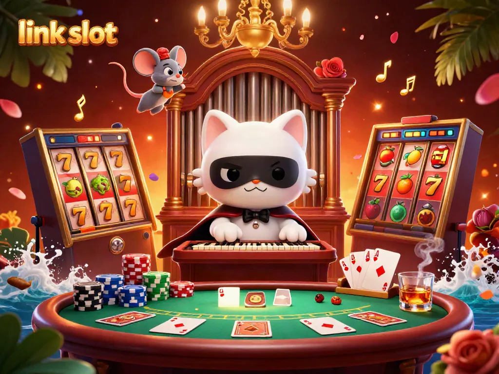 Spin the reels and win big at link slot with this vibrant casino illustration featuring dynamic characters and game elements.