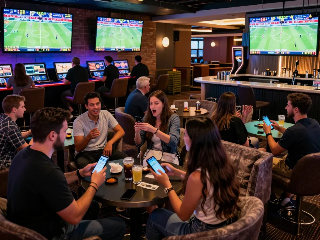 Placing bets on kèo nhà cái during a vibrant sports betting scene in an upscale casino lounge.