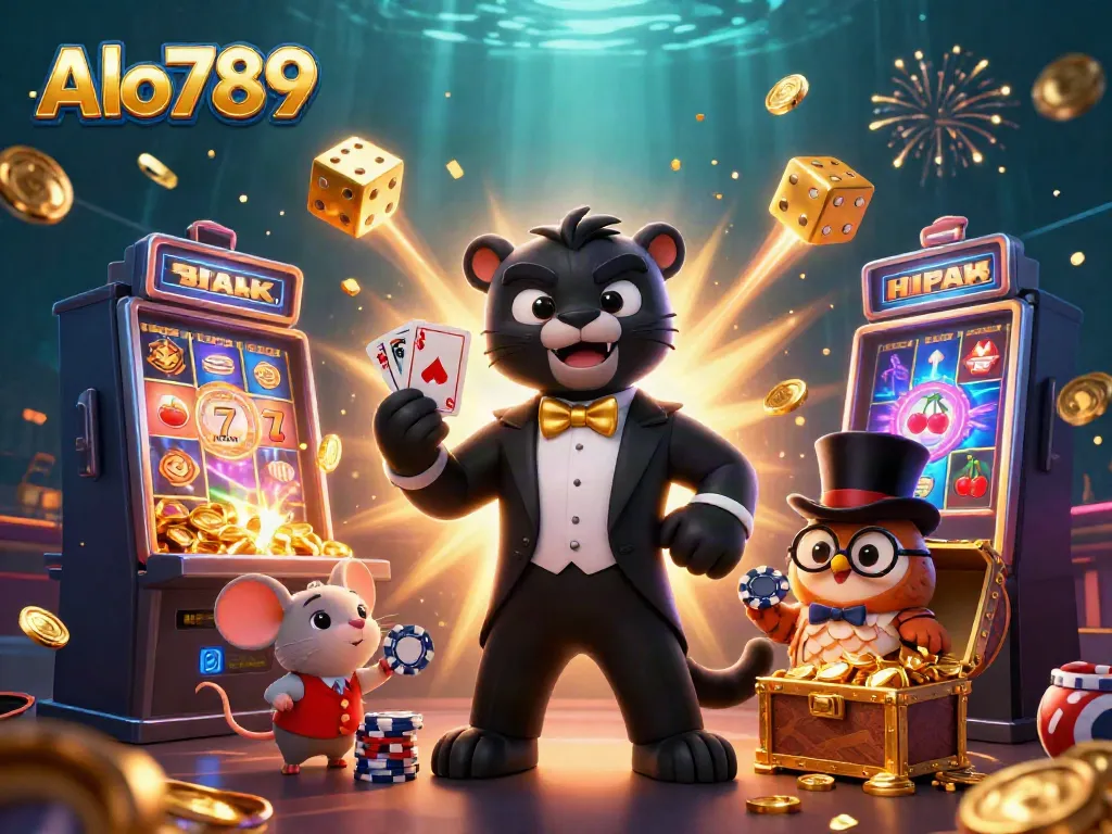 Alo789 offers a thrilling casino experience with stylish characters playing cards amidst dynamic slot machine elements and confetti.