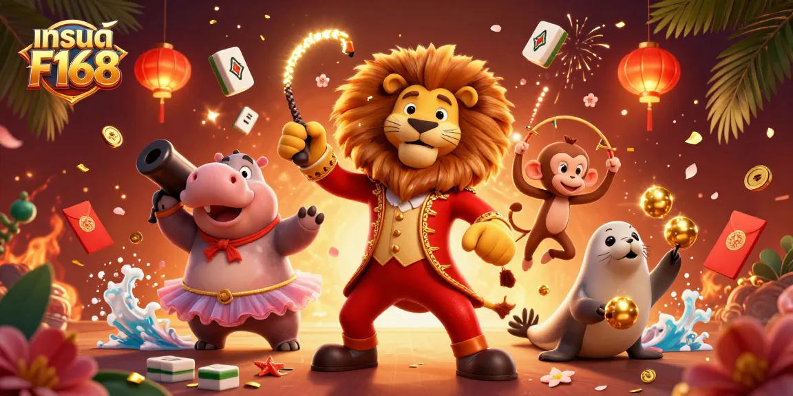 Experience the excitement of แบรนด์ F168, featuring dynamic characters and festive casino elements.