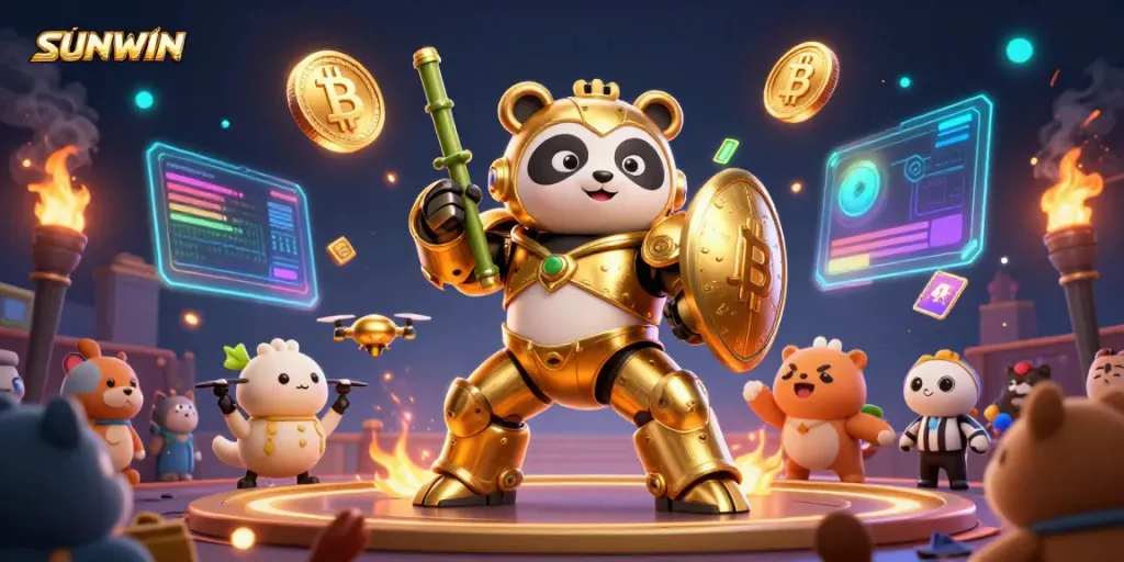 SUNWIN showcases an exciting arena scene with a mech-suit panda battling amidst vibrant cryptocurrency elements.