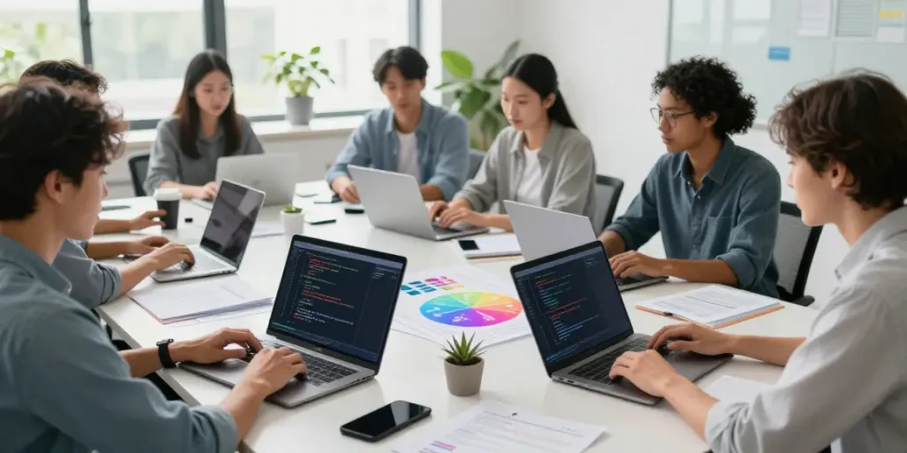 Collaborative workspace showcasing diverse developers as LLM API provider users, engaged in coding and discussion.