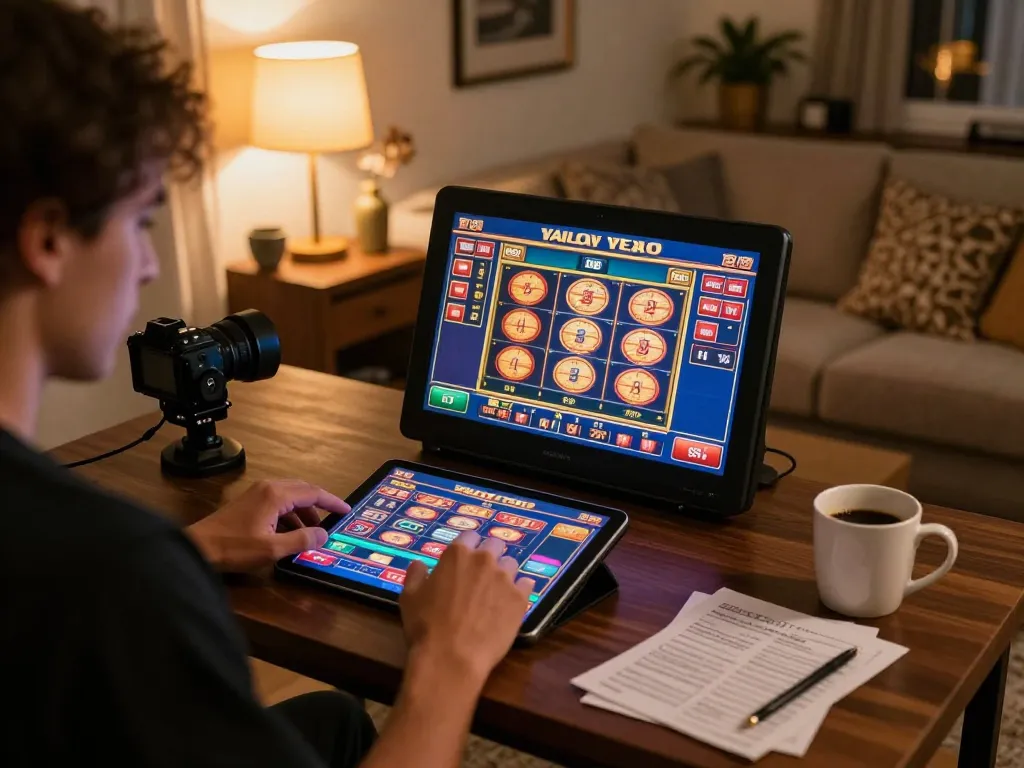 Player engaging with nhà cái C168 on tablet for online slot gaming, cozy home setup