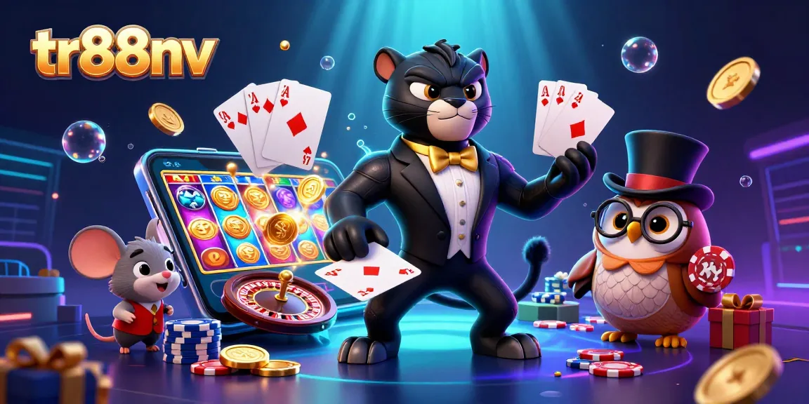 Experience the excitement of tr88nv with colorful slots, poker, and casino games in a vibrant illustration.