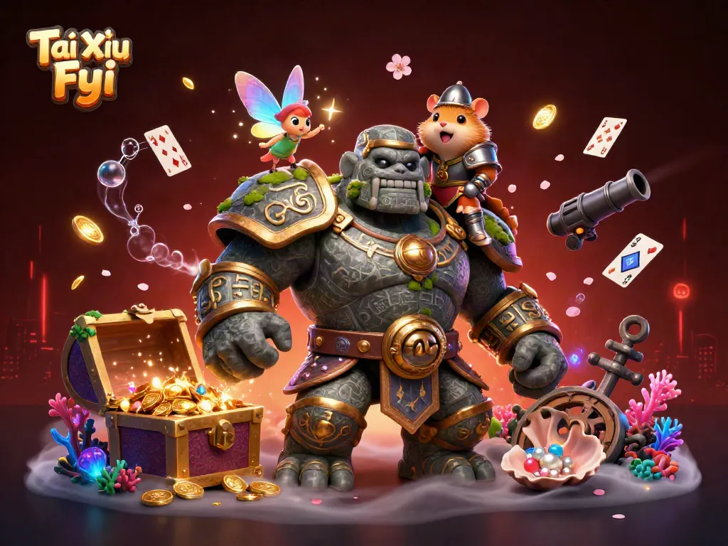 Watch how Tài Xỉu Fyi captivates with vibrant fantasy depicting a golem, fairy, and hamster knight engaging in magical gameplay.