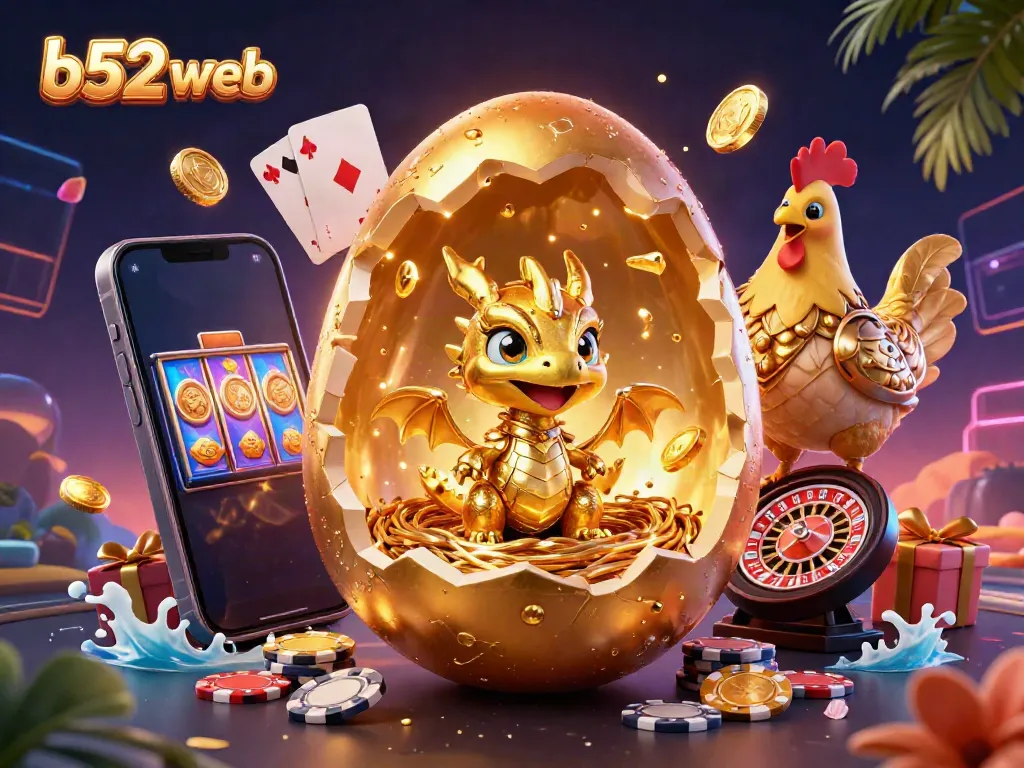 Engage with the vibrant world of b52 web showcasing a golden dragon and casino elements in an exciting setting.