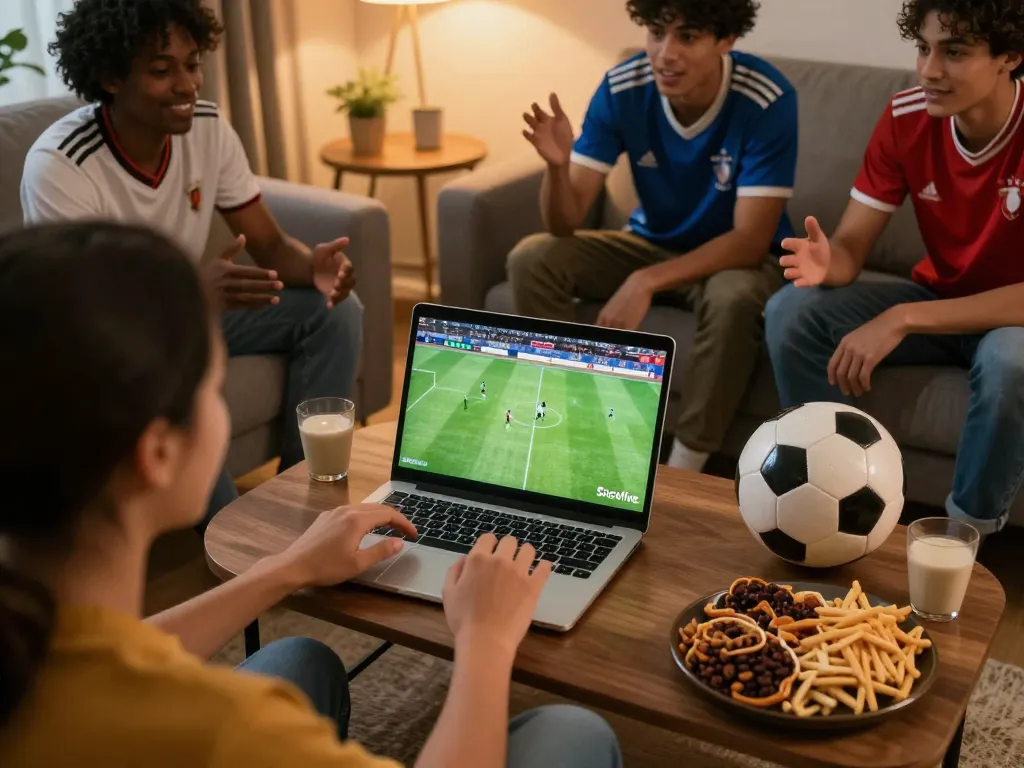 Socolive streaming soccer match in a lively living room with friends enjoying the game.