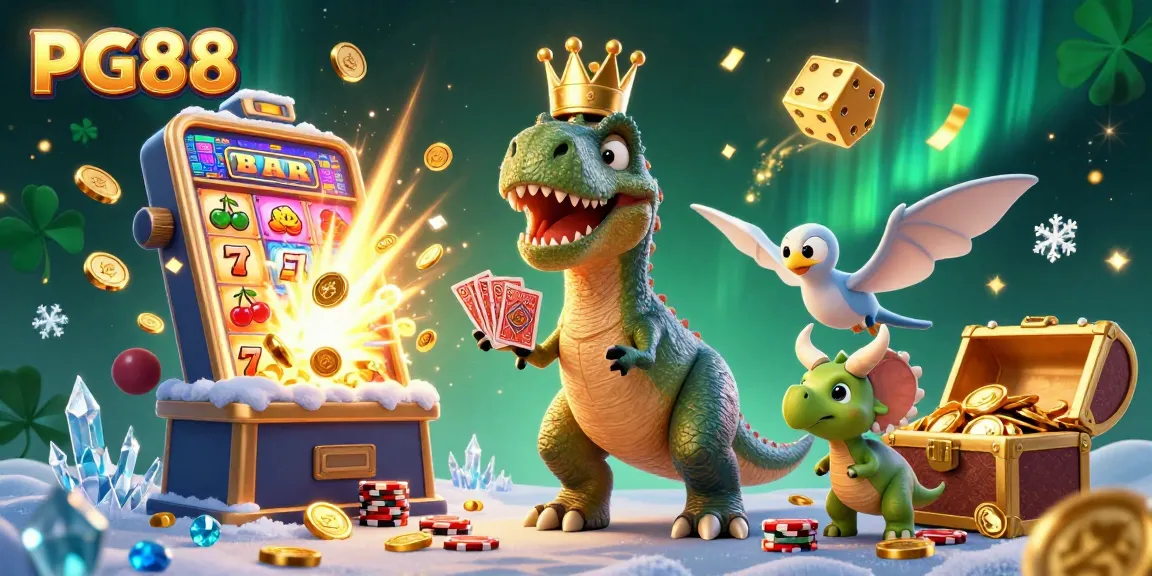 Experience the excitement of PG88 with a cartoon dino shuffling cards amid a jackpot explosion
