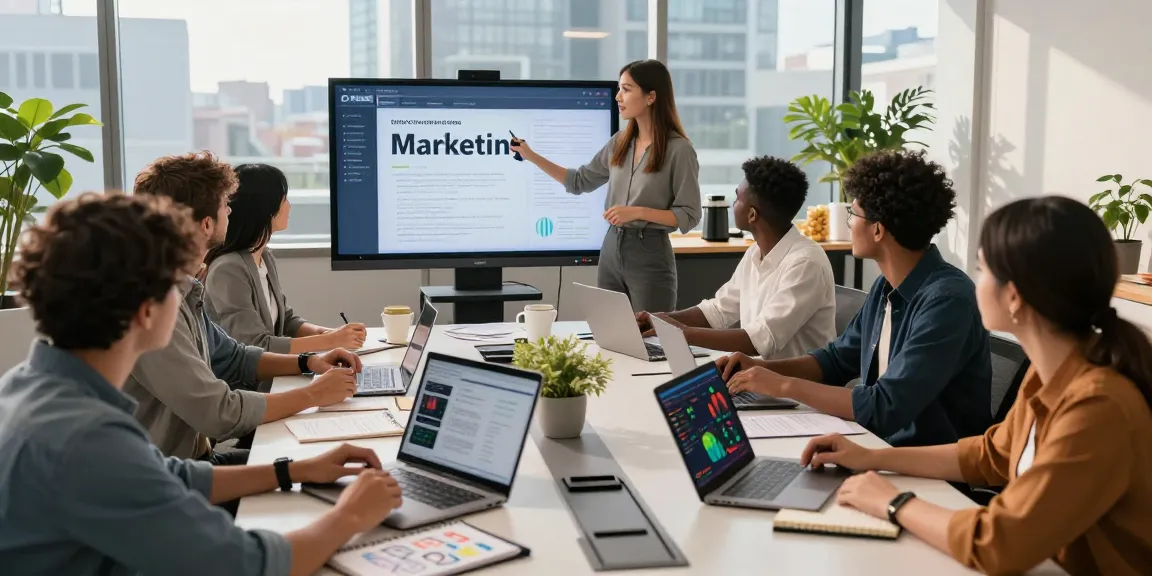 Online-Marketing-Team, das in einem modernen Büro strategisiert und Zusammenarbeit sowie digitale Analytik zeigt.