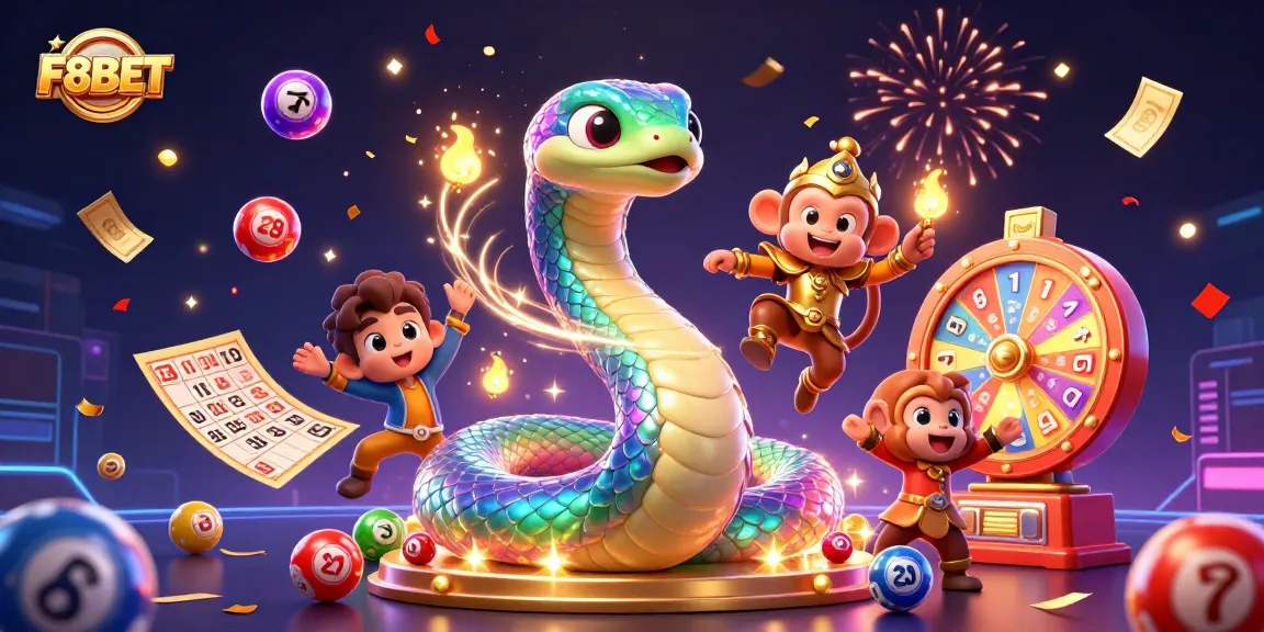 Engage with the vibrant world of F8BET through a dynamic illustration featuring a playful monkey king and a rainbow serpent.