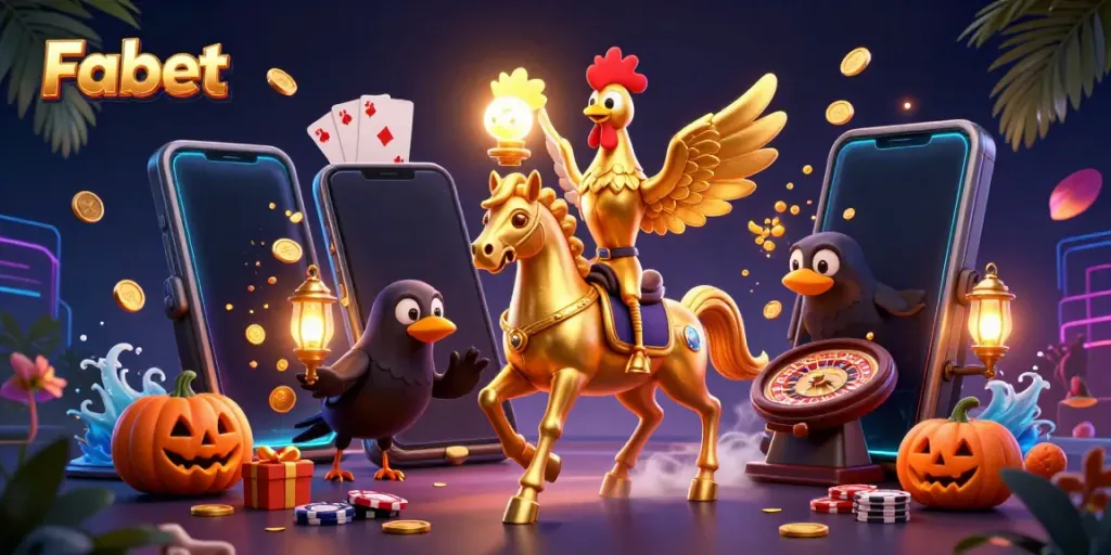 Fabet showcases vibrant casino excitement with a golden rooster, glowing head, and interactive game elements.