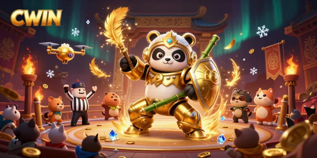 CWIN's exhilarating casino atmosphere comes alive with golden panda pilots in an action-packed arena.