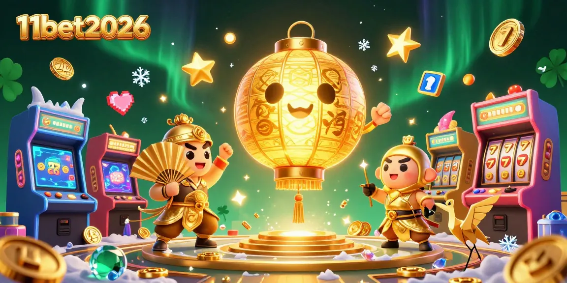 11bet2026 showcases a vibrant casino scene with golden lantern spirits, gaming excitement, and dynamic slot elements.