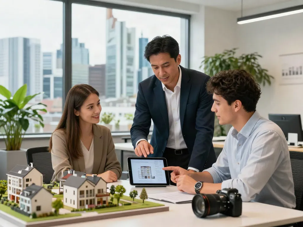 Bester Immobilienmakler Frankfurt berät Kunden in modernem Büro mit Frankfurt Skyline.
