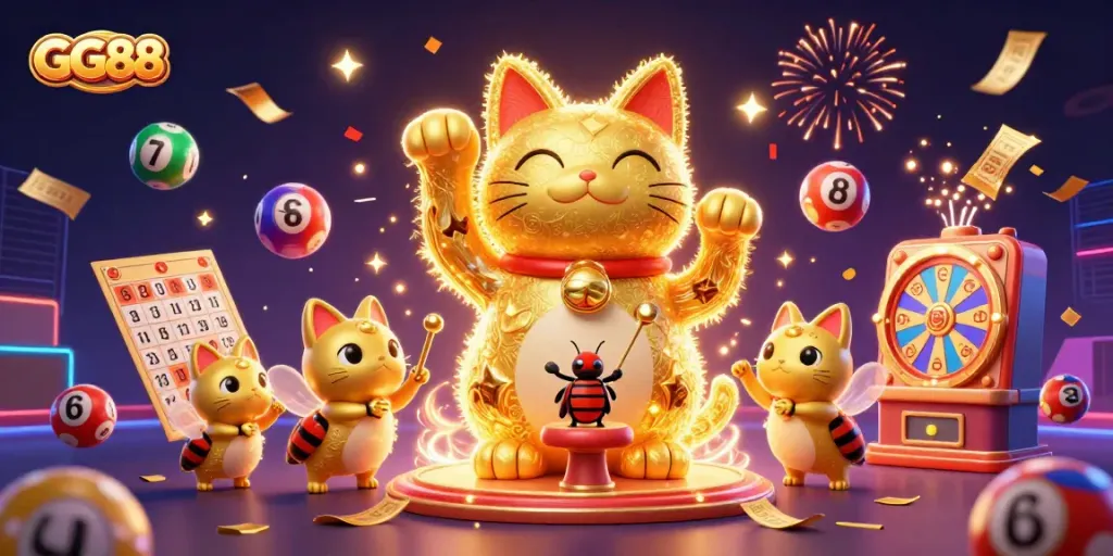 Experience GG88's lively gaming scene with golden fireflies and dynamic lottery elements.