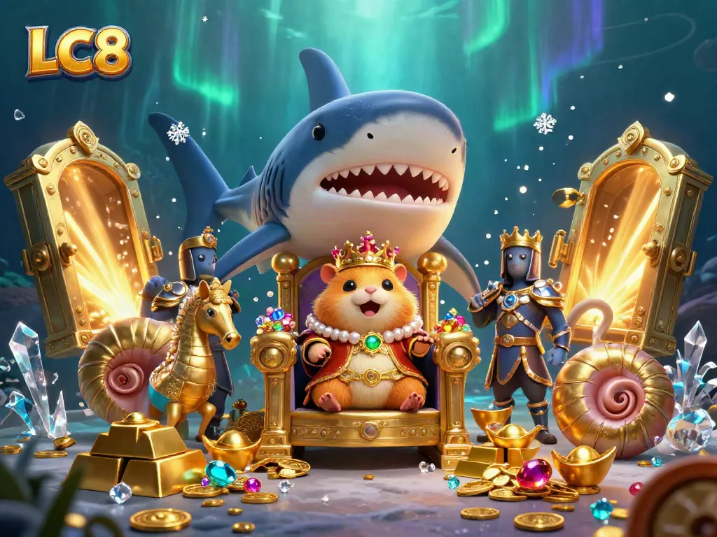 Join the adventure with LC8, a fierce hamster king atop a treasure throne in a dazzling underwater kingdom.
