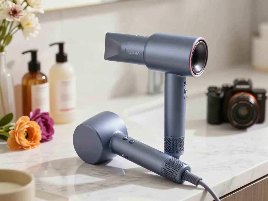Close-up of Laifen haartrockner showcasing its ergonomic design, set against a modern bathroom backdrop with hair care products.