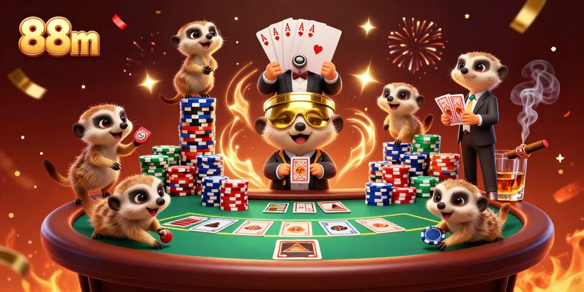 Meerkats expertly running a vibrant casino scene, showcasing 88m creativity in gambling.