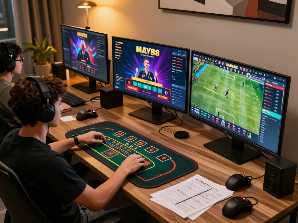 MAY88 user enjoying online blackjack with multiple screens showcasing gaming strategies.