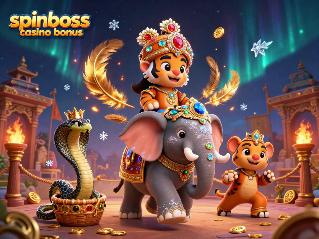 Erleben Sie den SpinBoss Casino Bonus mit einem prunkvollen Maharaja und seinem Elefanten in einem bunten Casino-Szenario.