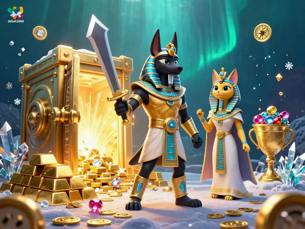 Experience the excitement of debet2868 with Anubis and Bastet surrounded by golden treasures and jewels.